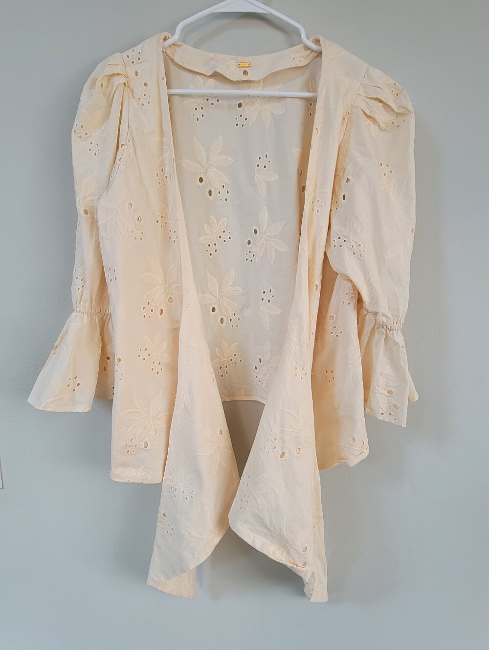 Juan De Dios Salsa Ivory Cotton Eyelet Tie Blouse Embroidered Women Size L